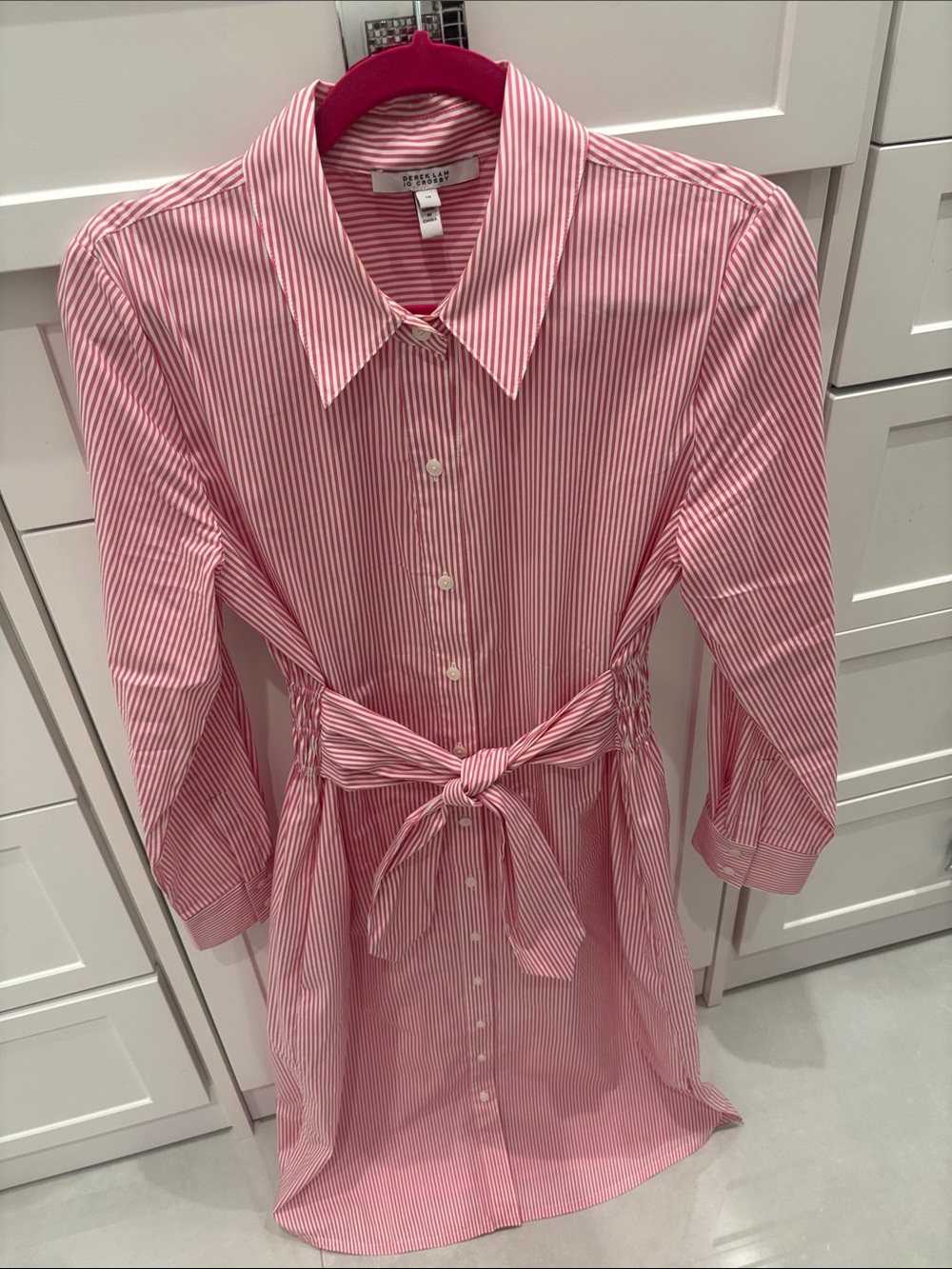 10 Crosby Derek Lam Pink Narrow-Stripe Button-Front Shirt Dress with Tie Waist - Picture 3 of 3